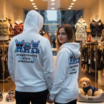 Mann und Frau mit weißem Hoodie und Textildruck von 3 blauen französischen Bulldoggen mit lustigem Spruck