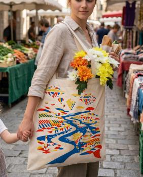 Frau mit Artwork Mittelrhein Tasche auf dem Markt