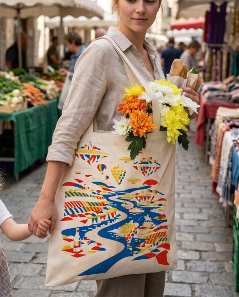 Frau mit Artwork Mittelrhein Tasche auf dem Markt