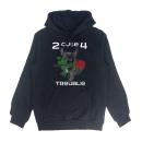 schwarzer Hoodie mit Kapuze und Tasche und Print einer französischen Bulldogge mit Rose im Maul und Text